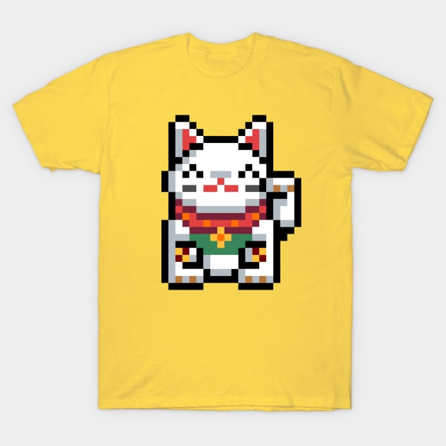 Maneki-Neko Lucky Cat 8-Bit Pixel Art T-Shirt by StebopDesigns